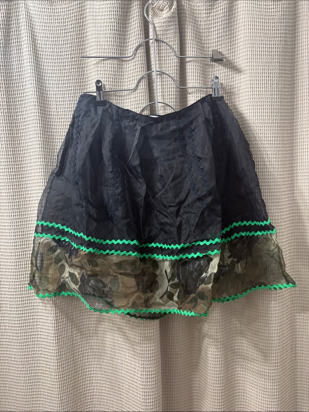 Coach Black Skater Skirt with Green Trim and Sheer Floral Hem